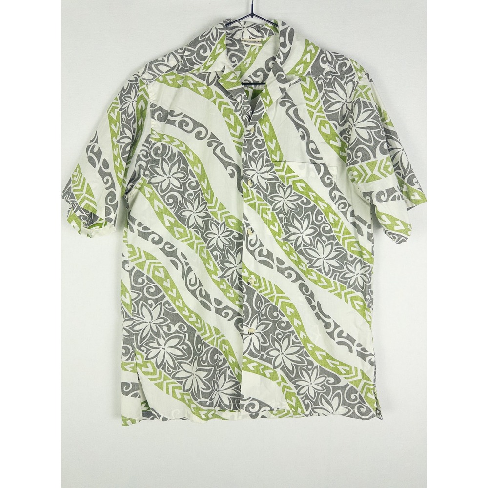 Go Barefoot Hawaiian Tradition Tribal Floral Shirt Mens XS Green Gray Vintage Re